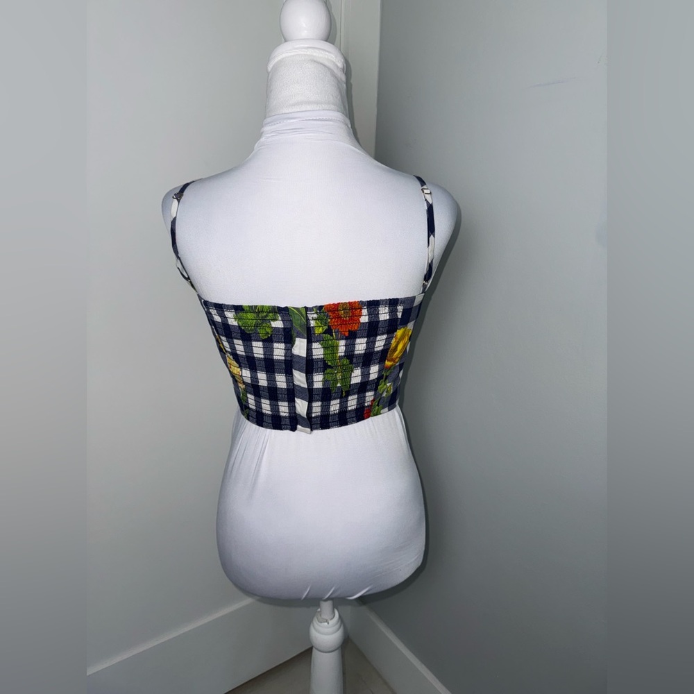 Cara Cara Ruched Sweetheart Cotton Crop Top Gingham Floral Navy/Size XS - Picture 6 of 10